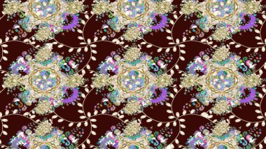 Bir sürü kahverengi ve soyut çiçekli tropik eskiz deseni. Küçük çiçekteki sevimli çiçek deseni. Varicolobrown Raster çizimi.