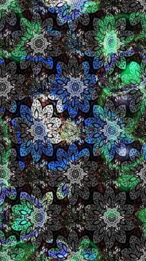 Gri renkli bitkilerden oluşan parlak çiçekli çizim deseni.