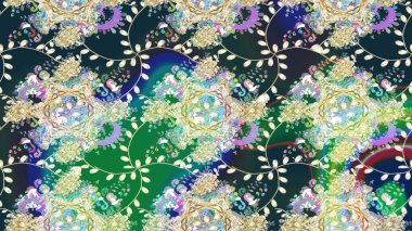 Parlak renkli çiçekleri ve mavi yaprakları olan harika bir çiçek deseni. Halk tarzı. Moda baskıları için zarif bir şablon. Modern çiçek arkaplanı.