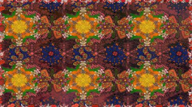 Raster illüstrasyonu. Soyut çiçek desensiz arkaplan. Küçük çiçekteki sevimli çiçek deseni. Kahverengi ve turuncu renklerde. Raster deseni.