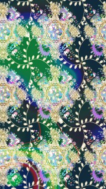 Parlak renkli çiçekleri ve mavi yaprakları olan harika bir çiçek deseni. Moda baskıları için zarif bir şablon. Modern çiçek arkaplanı. Halk stili.