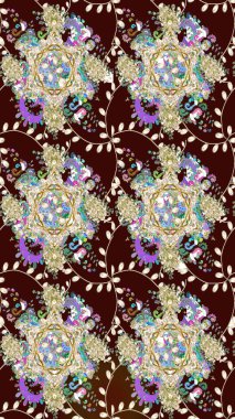 Çiçek desenli çizim. Raster illüstrasyonu. Asya tekstil tarzında. Kahverengi renkli çiçekler. Raster illüstrasyonu.