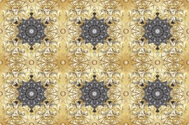 Kına dövmeli süs çiçekleri, altın çıkartmalar, mehndi ve yoga tasarımı, kartlar ve parmak izleri. Bej, nötr ve gri renkte desen. Raster altın mehndi kusursuz desen.