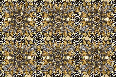 Noel altın kar tanesi kusursuz desen. Sembol bayramı, yeni yıl kutlamaları, altın desenler. Kış kar dokusu duvar kağıdı. Kahverengi, gri ve bej renklerde altın kar taneleri.