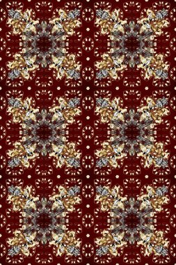 Kırmızı ve kahverengi renklerde altın elementlerle kusursuz desen. Raster oryantal süs. Kusursuz altın desen.