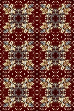 Kırmızı ve kahverengi renklerde altın elementlerle kusursuz desen. Raster oryantal süs. Kusursuz altın desen.