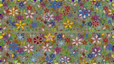 Gentle, spring floral on green and neutral colors. Raster pattern. Exploding flowers abstractly placed. Raster illustration.