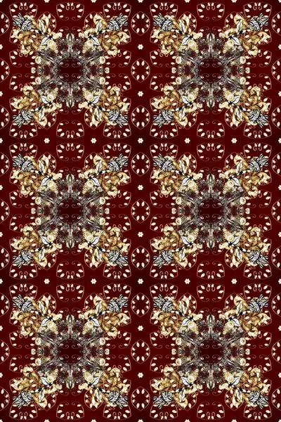 Kırmızı ve kahverengi renklerde altın elementlerle kusursuz desen. Raster oryantal süs. Kusursuz altın desen.
