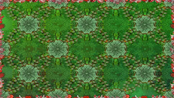 Raster illüstrasyonunda kusursuz çiçek deseni. Yeşil ve kahverengi renkli çiçekler. Renkli Bahar Temalı Kusursuz Arkaplan. Düz Çiçek Elementleri Tasarımı.