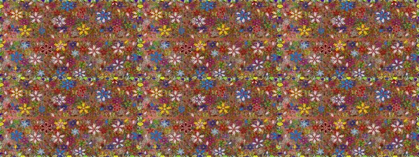 Parlak renkli çiçekleri ve kahverengi ve kırmızı renkte yaprakları olan harika, pürüzsüz çiçek deseni. Moda baskıları için zarif bir şablon. Modern çiçek arkaplanı. Halk stili.