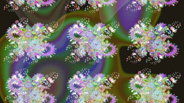 Şirin çiçekli eskiz deseni ve yeşil renkli yapraklar, suluboya çiçek deseni, duvar kağıdı, kart veya kumaş için fayanslı. Raster illüstrasyonu.