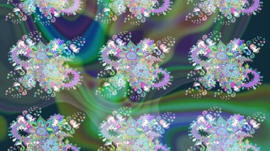 Yeşil renkli şirin çiçek deseni. Renkli Bahar Teması eskiz kalıbı. Düz Çiçek Elementleri Tasarımı. Raster Modaya uygun kumaş deseni.