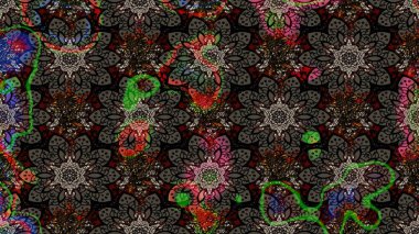 Suluboya çiçekli çiçek deseni. Raster illüstrasyonu. Siyah renklerde Asya tekstili.