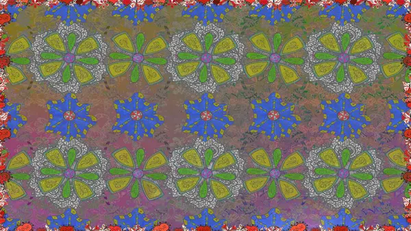 Raster - stok. Kusursuz bir arka plan modeli. Yapraklı çiçekler ve kır çiçekli papatya çayı..