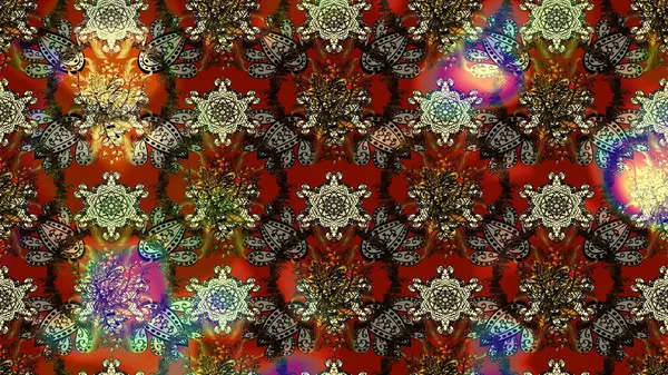 Üzerinde gelincikler ve vadi zambakları olan renkli çiçek desenli nakış deseni. Tekstil tasarımı için kahverengi renkli geleneksel halk çiçekleri buketi.