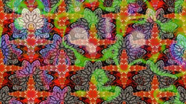 Şirin çiçekli eskiz deseni ve yeşil renkli yapraklar, suluboya çiçek deseni, duvar kağıdı, kart veya kumaş için fayanslı. Raster illüstrasyonu.