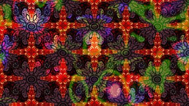 Çok renkli, zarif küçük çiçekler ve siyah renkli komik böcekler, raster desen, illüstrasyon..