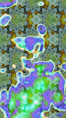 Yeşil renkli bitkilerden oluşan parlak çiçekli çizim deseni.