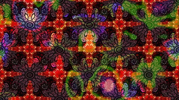 Çok renkli, zarif küçük çiçekler ve siyah renkli komik böcekler, raster desen, illüstrasyon..