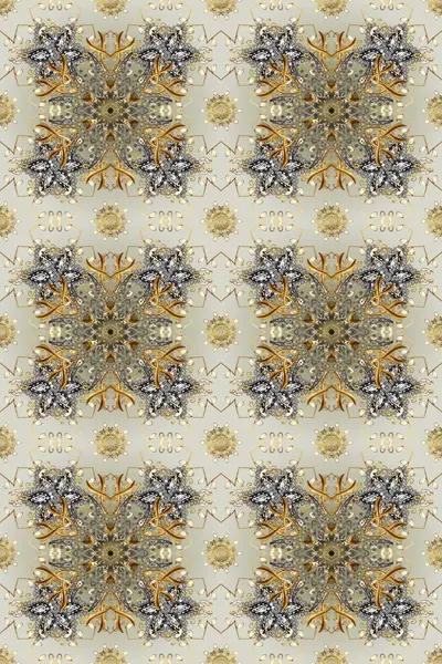 Altın antika ortaçağ dekoratifi, yapraklar ve gri, bej ve nötr renklerde altın desenli desenler. Kusursuz kraliyet lüksü, altın barok kumaş rengi..