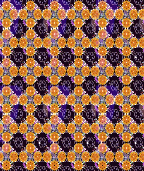 Çiçekli siyah ve turuncu desenli. Raster çiçek izi. Klasik taslak çizimi.