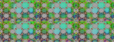 Patlayan çiçekler soyut olarak yerleştirilmiş. Yumuşak, yeşil renkli bahar çiçekleri. Raster deseni. Raster illüstrasyonu.