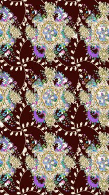 Varicolobrown Raster çizimi. Bir sürü kahverengi ve soyut çiçekli tropik eskiz deseni. Küçük çiçekte sevimli çiçek deseni var..