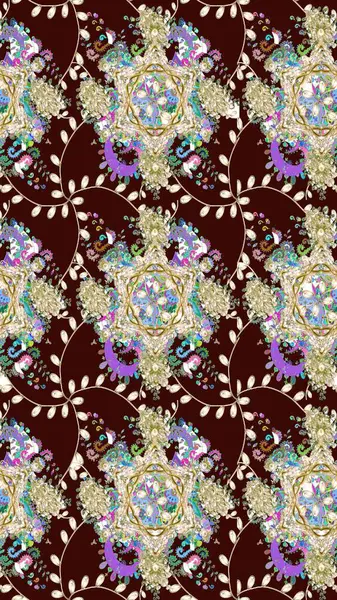 Varicolobrown Raster çizimi. Bir sürü kahverengi ve soyut çiçekli tropik eskiz deseni. Küçük çiçekte sevimli çiçek deseni var..