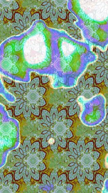 Yeşil renkli etnik çiçeklerle süslenmiş zarif bir eskiz şekli. Asya Tekstil 'inde Raster Çiçek İllüstrasyonu.