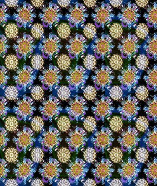 Raster illüstrasyonu. Mavi ve gri renklere karalamalar çizen kusursuz çiçek deseni.