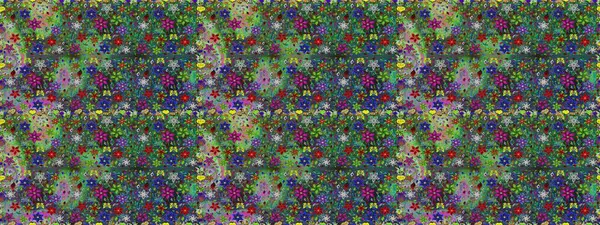 Motley illüstrasyonu. Küçük renkli çiçekler. Küçük çiçekte güzel bir desen. Yeşil çiçekli bahar çiçekleri. Moda baskıları için zarif bir şablon.