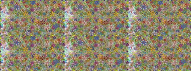 Renkli Bahar Temalı Kusursuz Arkaplan. Şirin çiçek elementleri. Kusursuz desenli, modaya uygun kumaş deseni. Raster illüstrasyonu. Düz Çiçek Elementleri Tasarımı.