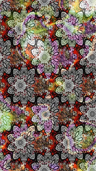 Çiçek desenli çizim. Raster illüstrasyonu. Renkli Bahar Teması eskiz kalıbı. Düz Çiçek Elementleri Tasarımı. Asya tekstil tarzında. Güzel kumaş deseni.