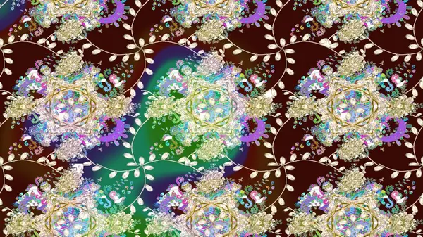 Raster illüstrasyonu. Patlayan çiçekler soyut olarak yerleştirilmiş. Raster deseni. Yumuşak, bahar çiçekleri kahverengi renklerde.