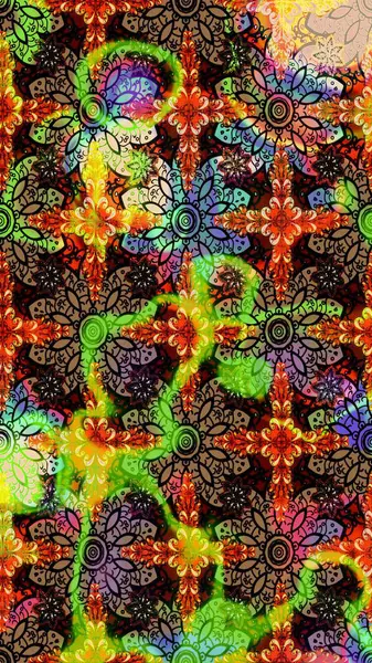 Siyah renkli etnik çiçeklerle süslenmiş zarif bir eskiz şekli. Asya Tekstil 'inde Raster Çiçek İllüstrasyonu.