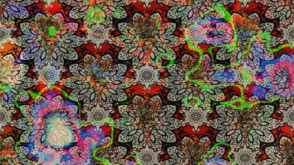 Çiçek desenli çizim. Raster illüstrasyonu. Asya tekstil tarzında. Gri renkli çiçekler. Raster illüstrasyonu.