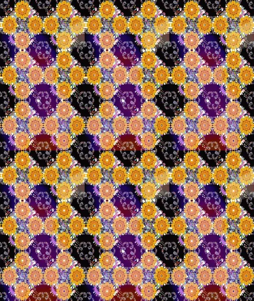 Raster düz çiçekleri pürüzsüz desen. Hediye ambalaj kağıdı, tebrik kartları, posterler ve pankart tasarımı. Sarı ve siyah renkte çiçekler.