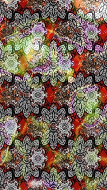 Suluboya elle çizilmiş çiçek desenli eskiz deseni. Parlak renkli fantezi çiçekleri, yapraklar, gri renkli tomurcuklar.