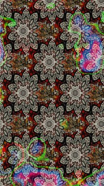 Raster illüstrasyonu. Çiçek ve yapraklı karalama şeklinde Raster çiçek deseni. Gri renkte bahar çiçekleri..