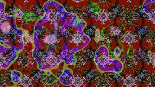 Çiçekler. Soyut etnik raster çizim kalıbı. Vadinin çiçekleri kırmızı renklerde.