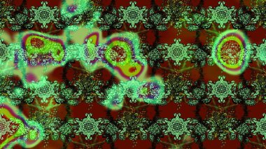 Suluboya elle çizilmiş çiçek desenli eskiz deseni. Parlak renkli fantezi çiçekleri, yapraklar, yeşil renkli tomurcuklar.