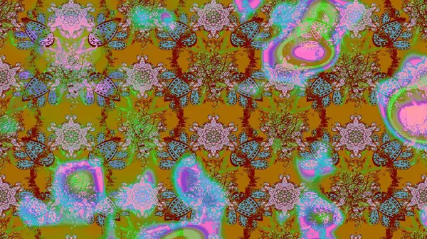 Raster Illustrasyon 'daki Çiçek Deseni' nin son moda çizimi. Yeşil renkli çiçekler. Renkli Yaz Temalı eskiz kalıbı. Düz Çiçek Elementleri Tasarımı.