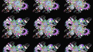 Çiçeksel elementlerle süslenmiş zarif raster dokusu. Siyah renkler ve parlak çiçekler üzerine soyut çizim deseni. Küçük çiçekte şirin bir çiçek deseni var..