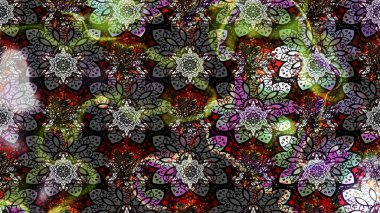 Raster çiçek desenli çiçek deseni, yapraklar, dekoratif elementler, sıçrama, lekeler, el çizimi kontur çizgileri ve Doodle çizim stili, grafik raster çizim çizimi.