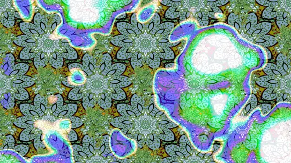 Yeşil renkli etnik çiçeklerle süslenmiş zarif bir eskiz şekli. Raster Çiçek İllüstrasyonu güzel tekstil..