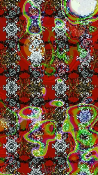 Raster - stok. Eskiz arkaplan modeli. Yapraklı çiçekler ve kırmızı renkli papatya çiçekleri..