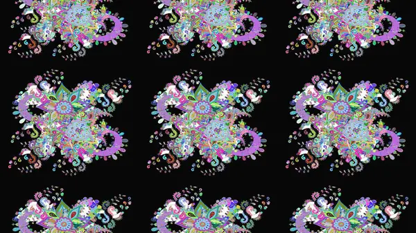 Çiçeksel elementlerle süslenmiş zarif raster dokusu. Siyah renkler ve parlak çiçekler üzerine soyut çizim deseni. Küçük çiçekte şirin bir çiçek deseni var..