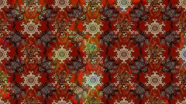 Soyut etnik raster çizim kalıbı. Kabile sanatı boho baskısı, klasik çiçek arkaplanı. Arkaplan dokusu, duvar kağıdı, kahverengi renkli çiçek teması.