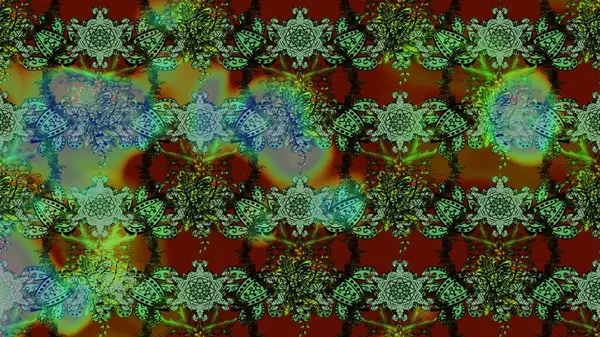 Çiçek desenli çizim. Raster illüstrasyonu. Asya tekstil tarzında. Yeşil renkli çiçekler. Raster illüstrasyonu.