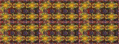 Çocuksu tasarım. El çizimi çiçekli, pürüzsüz bir desen. Tekstil, kumaş, ambalaj, hatıra defteri için hoş bir çiçek arkaplanı. Kahverengi ve sarı arkaplanda.